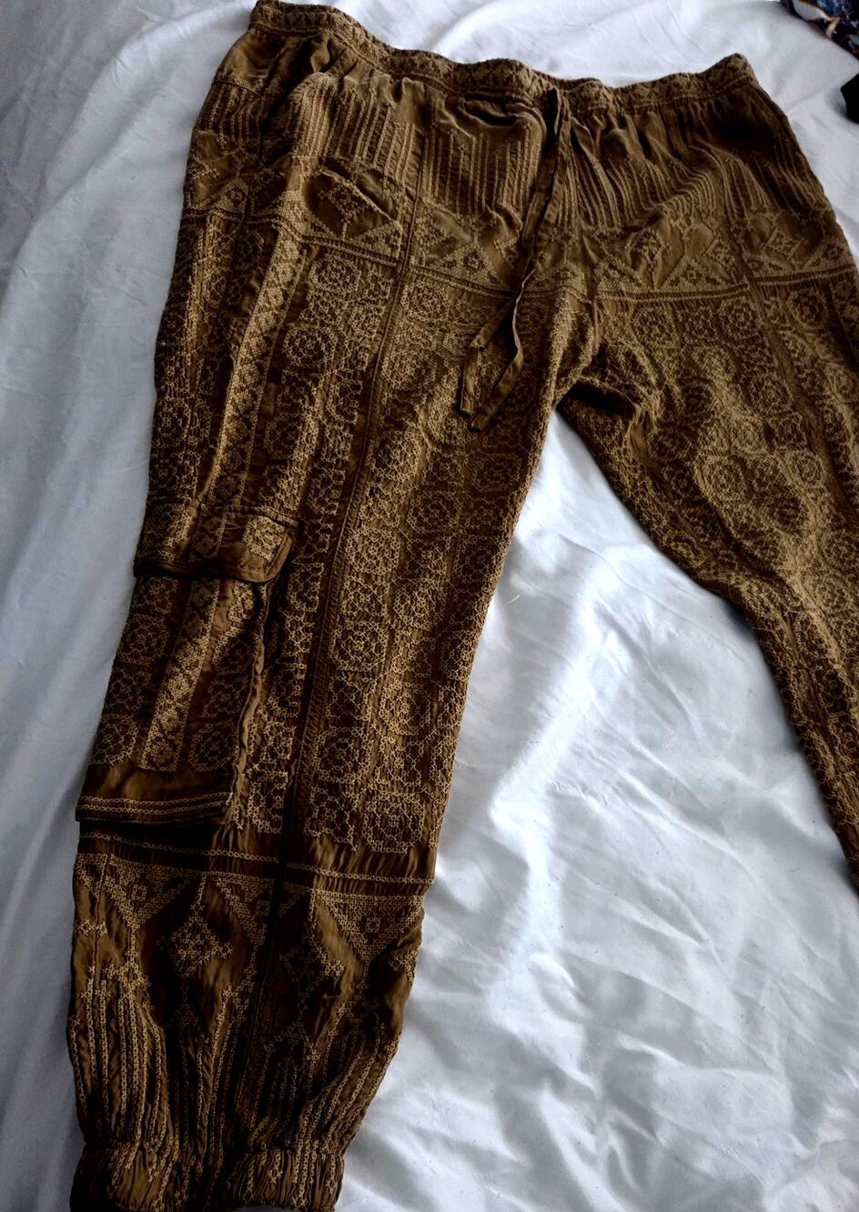 Johnny Was Boho Embroidered Silk Blend Cargo Jogger Pants Brown Large
